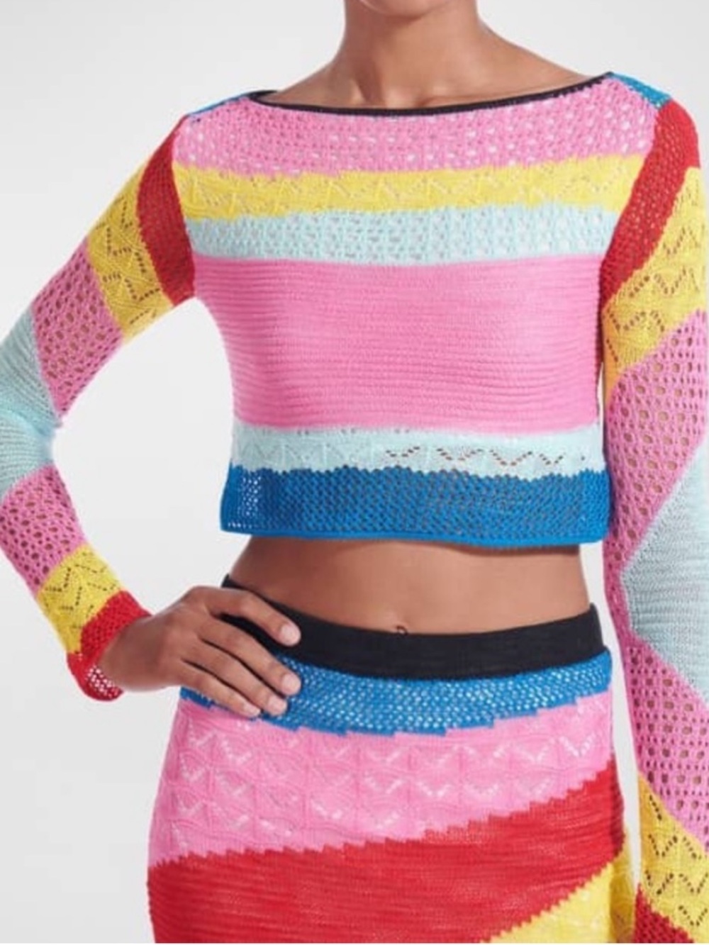 STAUD Multicolor Striped Crochet Crop Top - Pink, Blue, Yellow, Red
